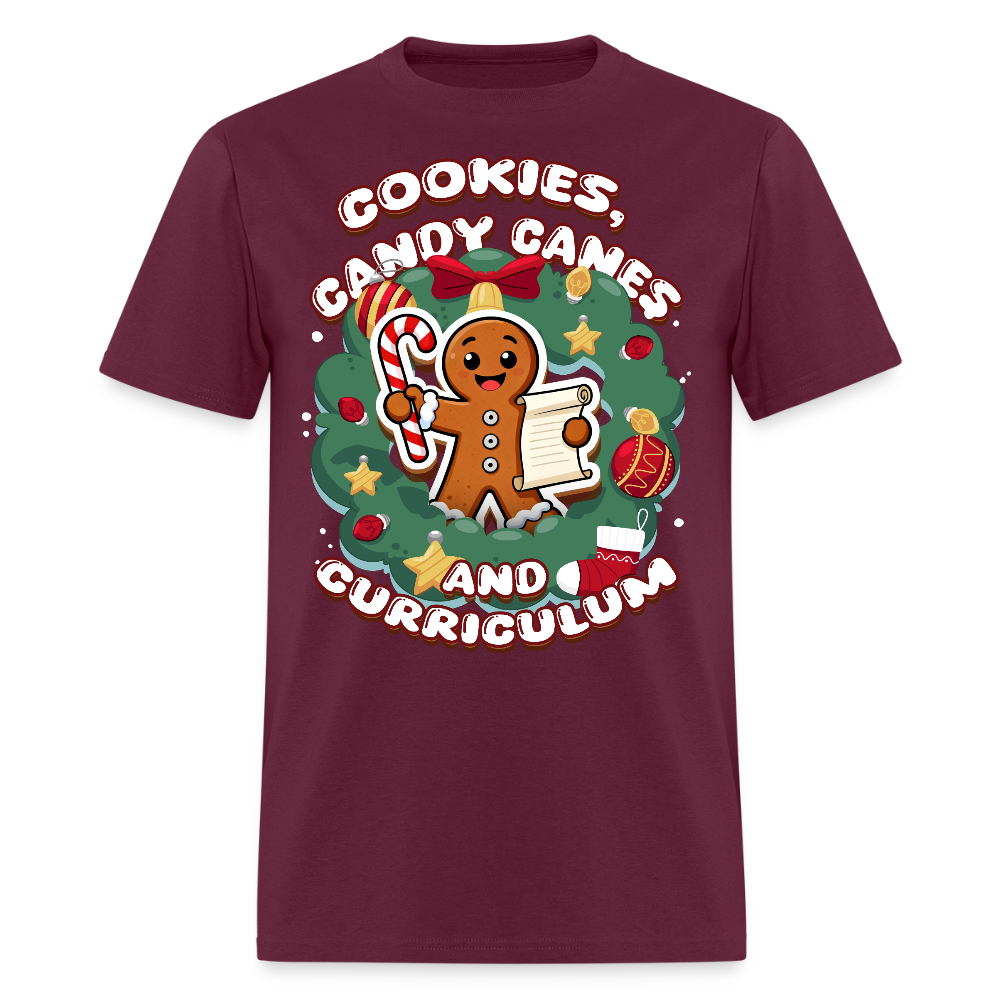 🍪🍭📚 Cookies, Candy Canes & Curriculum — Holiday Teacher Tee 🎄 - burgundy