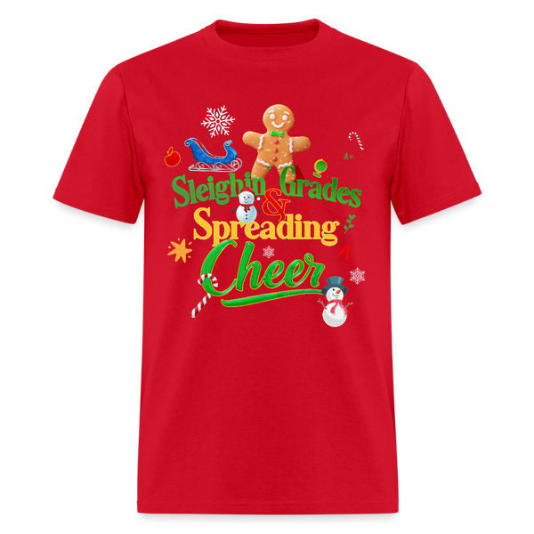 🎄 Sleighing Grades & Spreading Cheer — Holiday Teacher Tee ✏️✨ - red