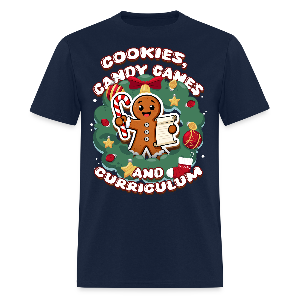 🍪🍭📚 Cookies, Candy Canes & Curriculum — Holiday Teacher Tee 🎄 - navy