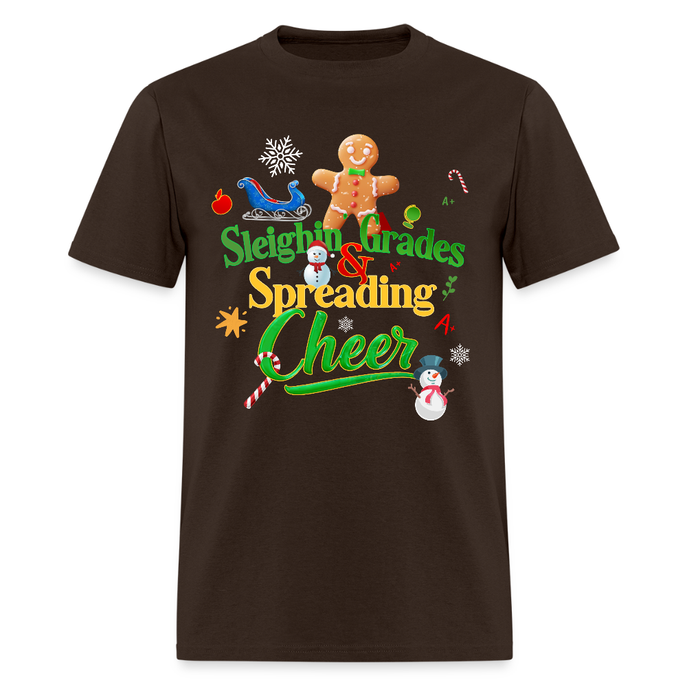 🎄 Sleighing Grades & Spreading Cheer — Holiday Teacher Tee ✏️✨ - brown